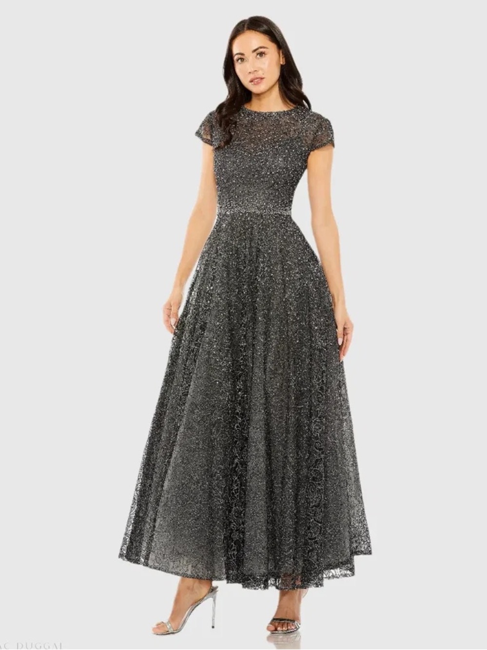 Mac Duggal Graphite Embellished Cap Sleeve A Line Dress Size 20 Tea Length. $698